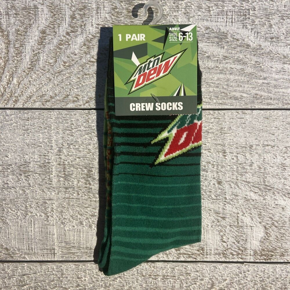 CRAZY UNIVERSE Mtn Dew Soda Novelty 2 Pair Crew Socks Adult Size 6-13 NWT #D075